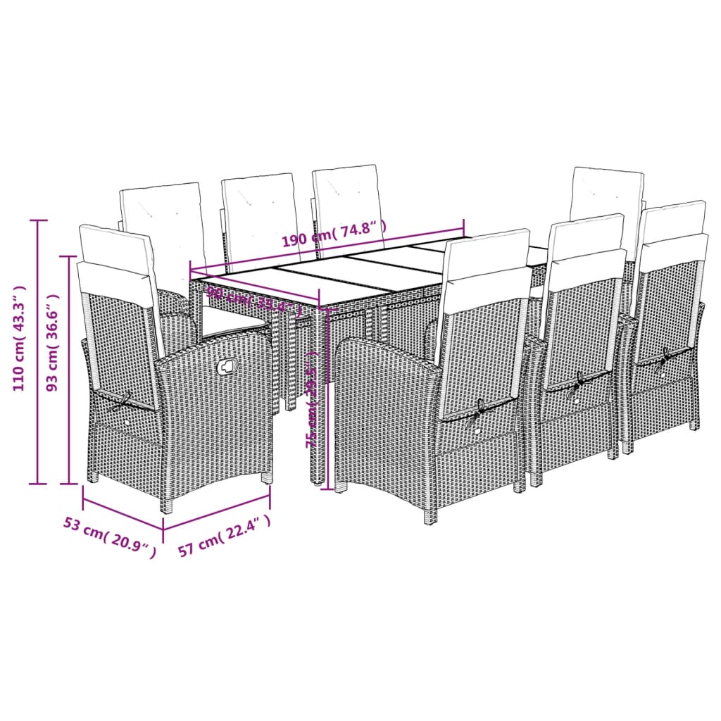 Set da Pranzo da Giardino 9 pz con Cuscini Nero in Polyrattan 3212201