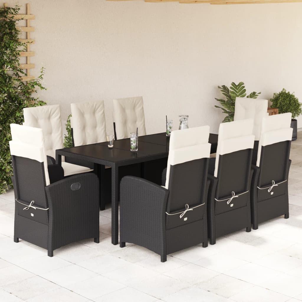 Set da Pranzo da Giardino 9 pz con Cuscini Nero in Polyrattan 3212201