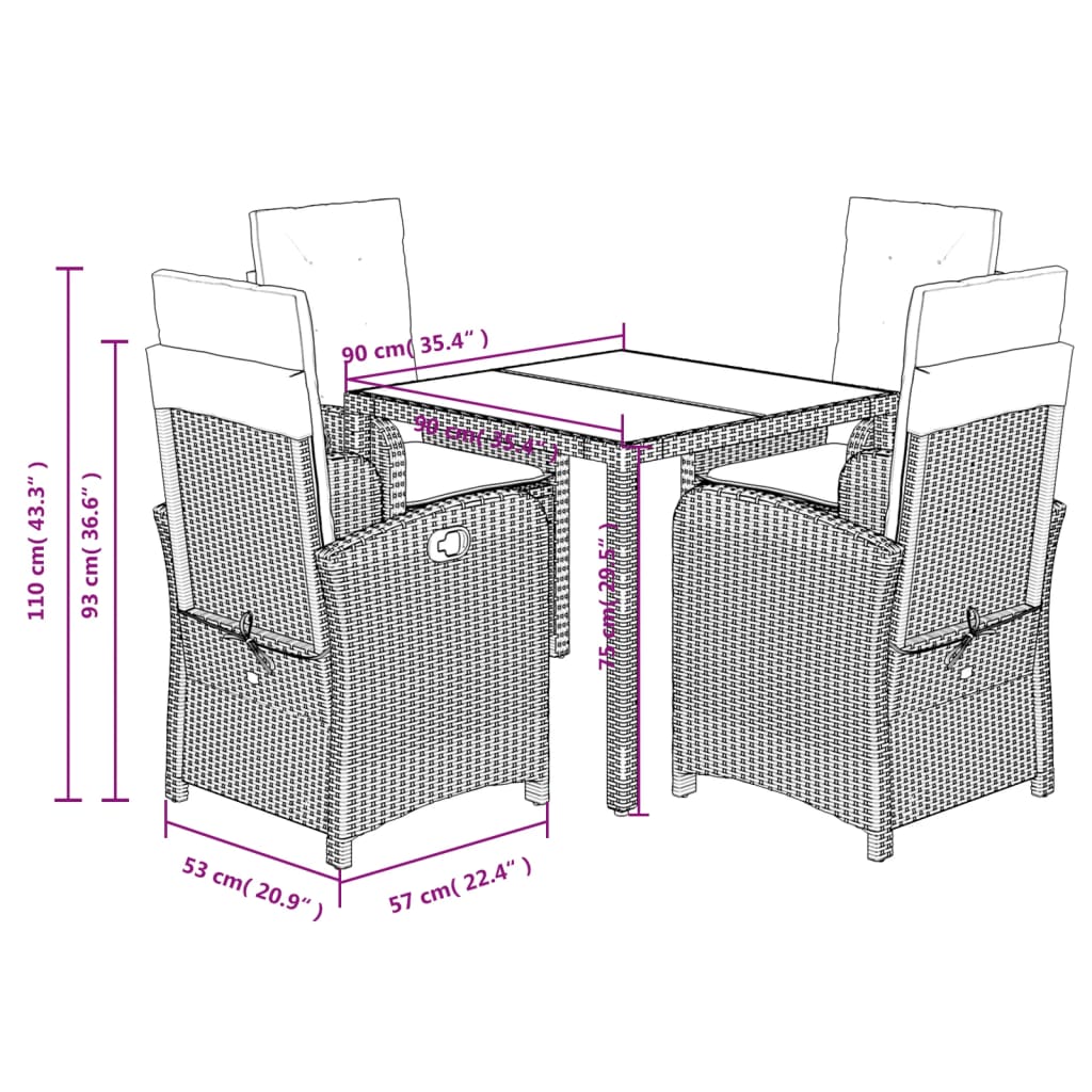 Set da Pranzo da Giardino 5 pz Nero con Cuscini in Polyrattan 3212204