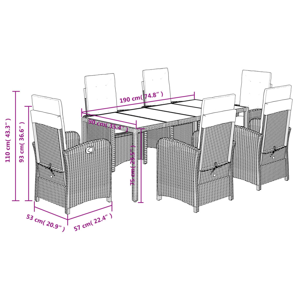 Set da Pranzo da Giardino 7 pz Nero con Cuscini in Polyrattan 3212209