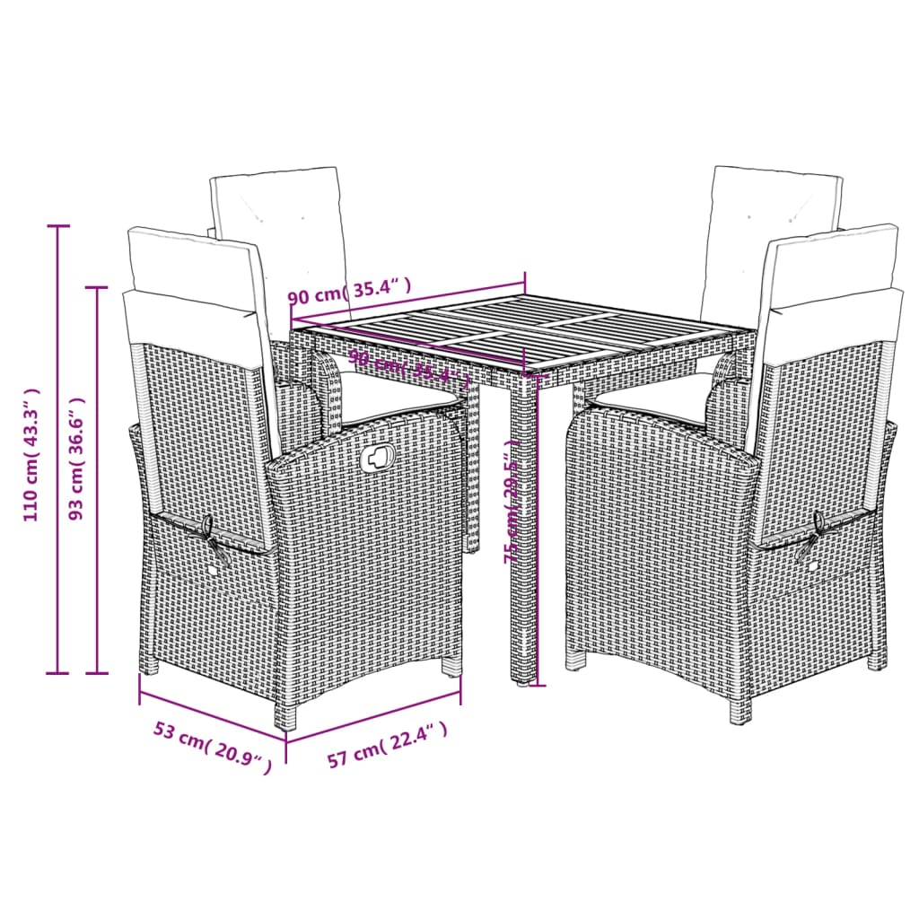 Set da Pranzo da Giardino 5 pz Nero con Cuscini in Polyrattan 3212222