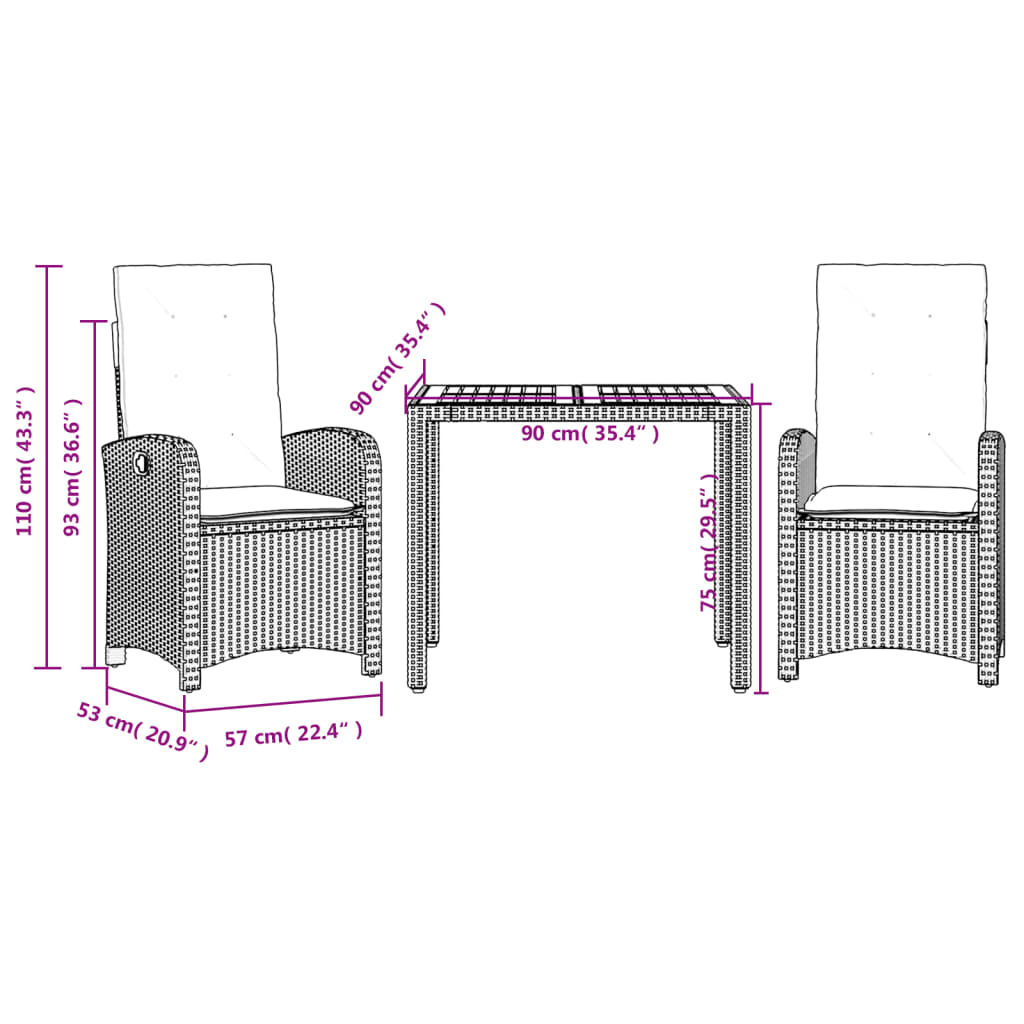 Set da Pranzo da Giardino 3 pz con Cuscini in Polyrattan Grigio 3212239