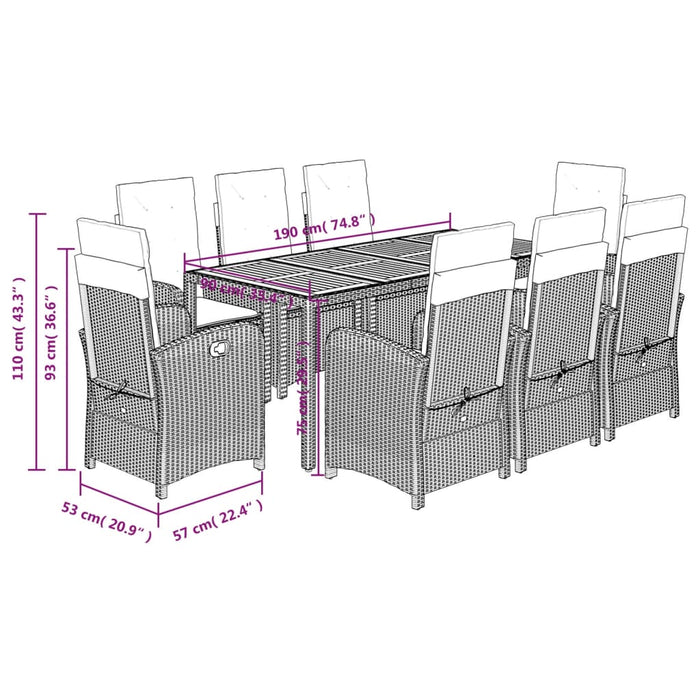 Set da Pranzo da Giardino 9 pz con Cuscini in Polyrattan Grigio 3212246