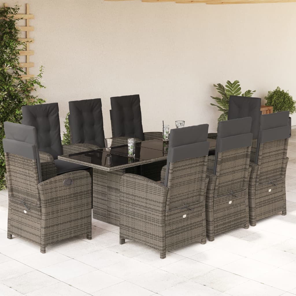 Set da Pranzo da Giardino 9 pz con Cuscini in Polyrattan Grigio 3212259