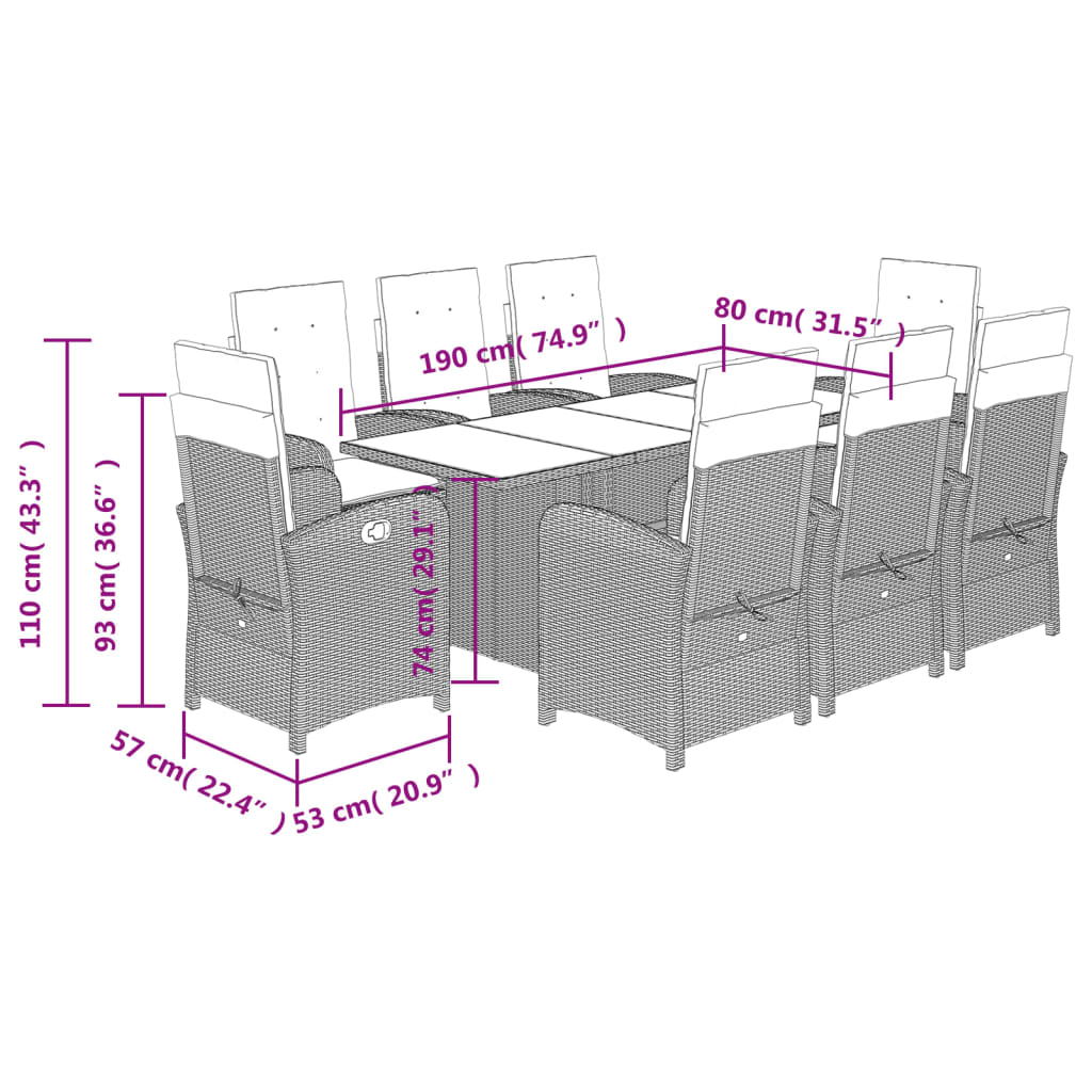 Set da Pranzo da Giardino 9 pz con Cuscini Beige in Polyrattan 3212262