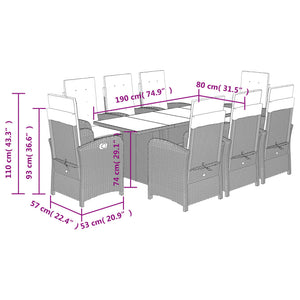 Set da Pranzo da Giardino 9 pz con Cuscini Beige in Polyrattan 3212262