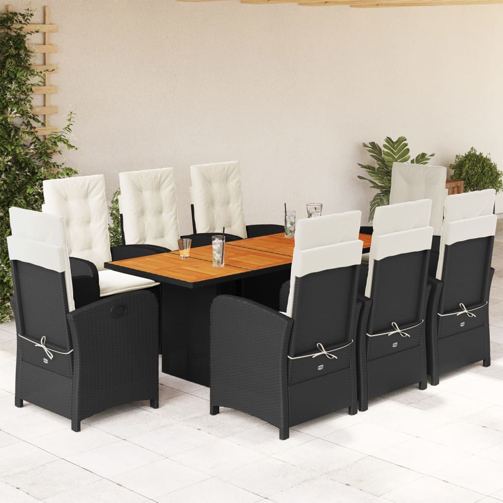 Set da Pranzo da Giardino 9 pz con Cuscini Nero in Polyrattan 3212273