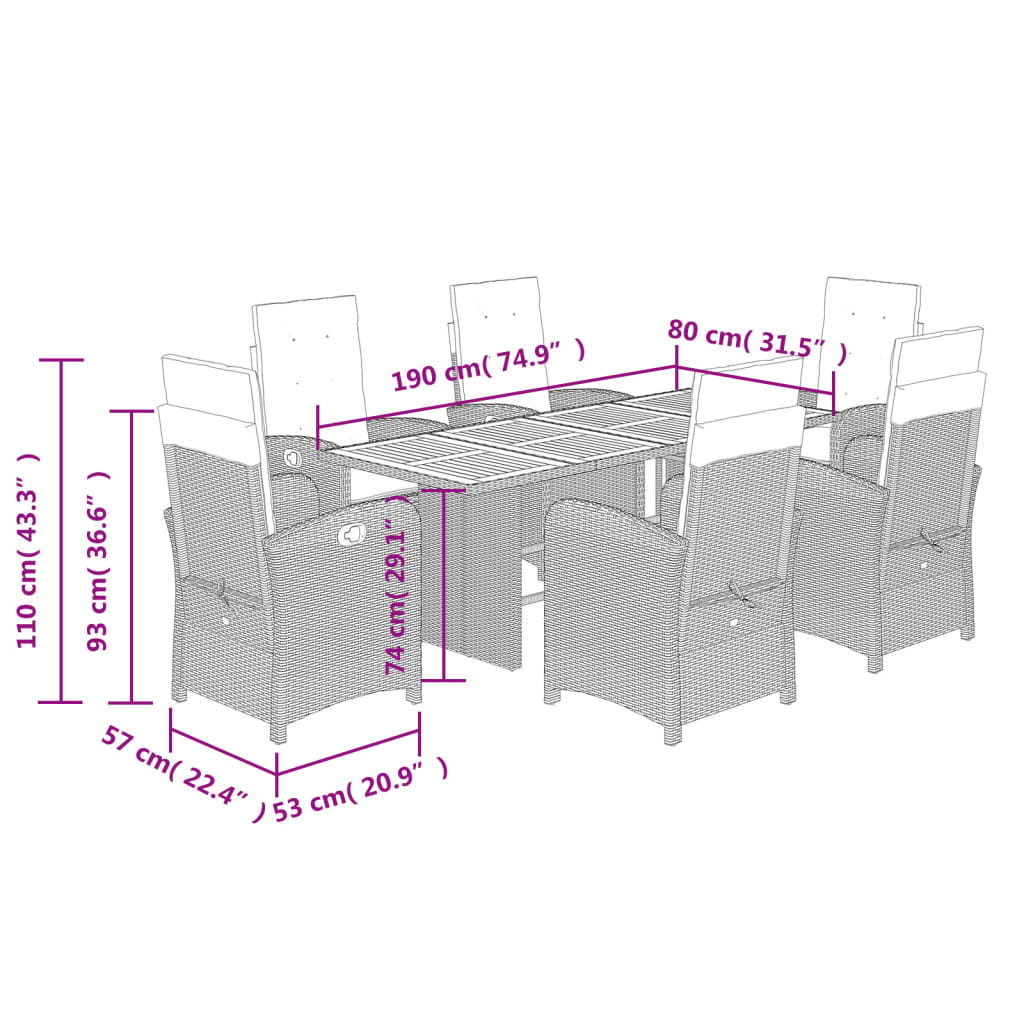 Set da Pranzo da Giardino 7 pz Nero con Cuscini in Polyrattan 3212275