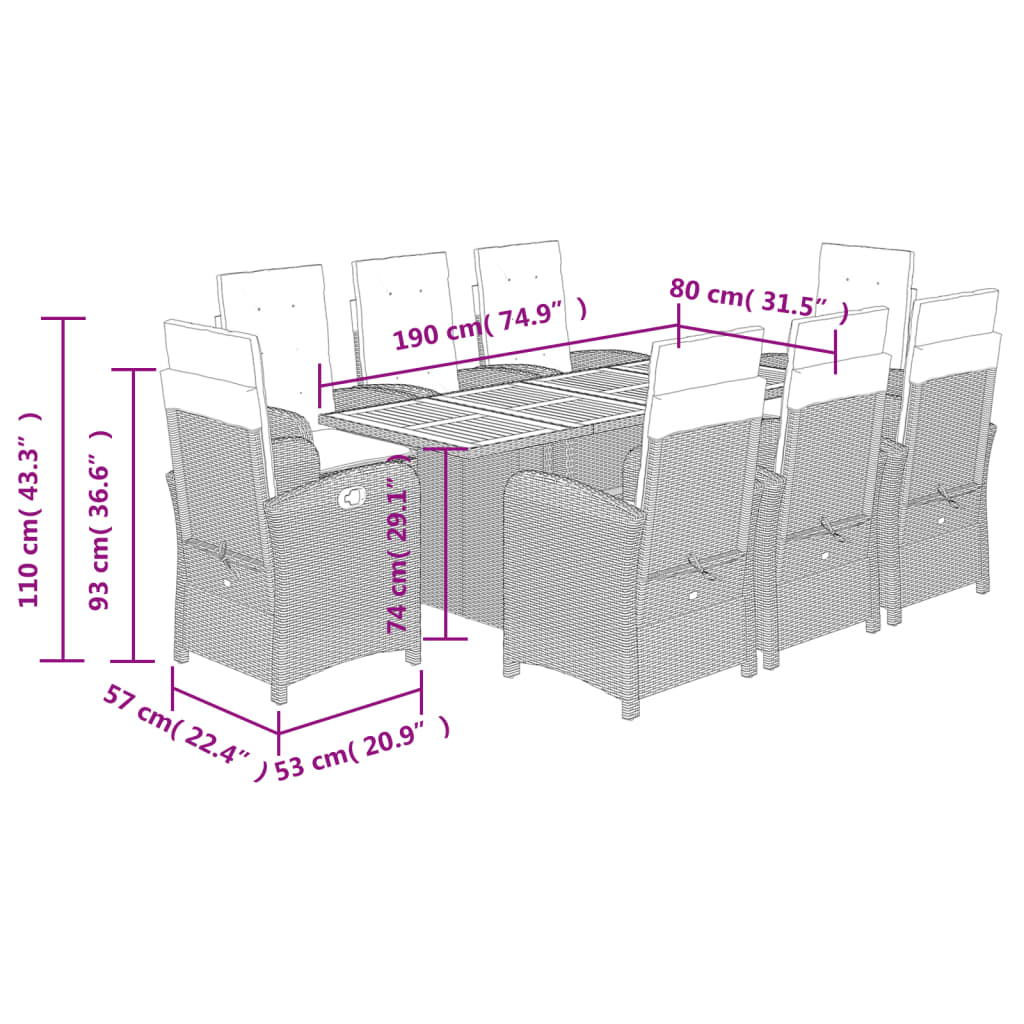 Set da Pranzo da Giardino 9 pz con Cuscini Nero in Polyrattan 3212277