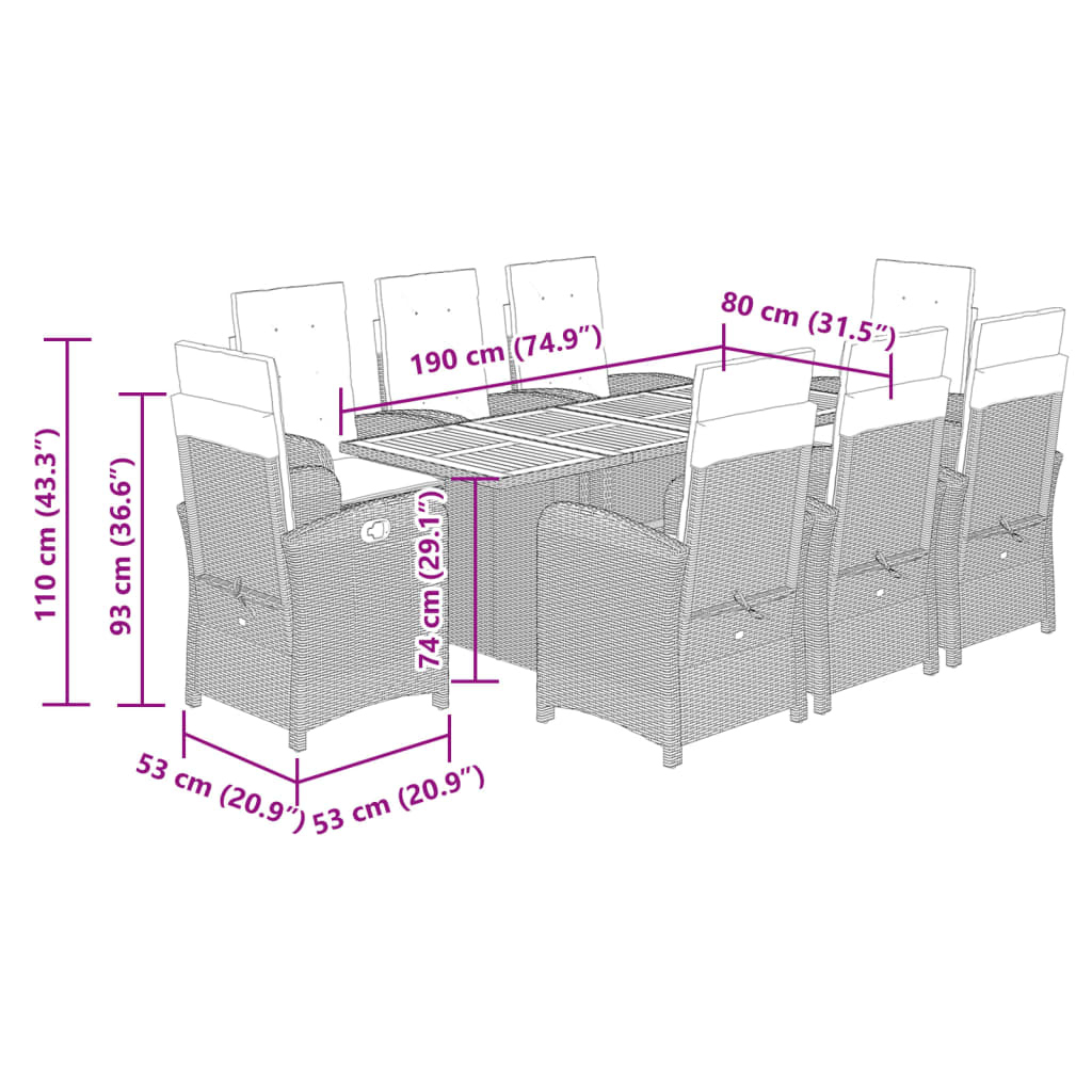 Set da Pranzo da Giardino 9 pz con Cuscini Beige in Polyrattan 3212282