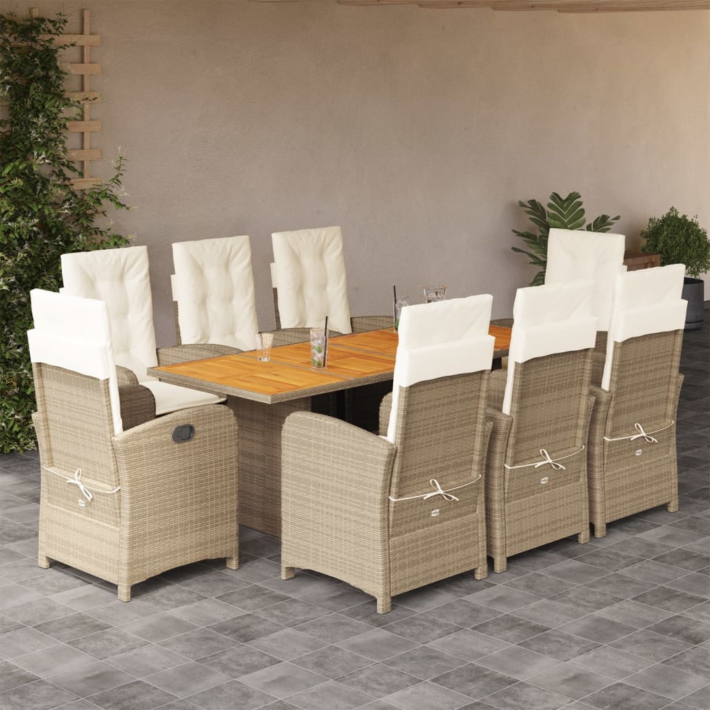 Set da Pranzo da Giardino 9 pz con Cuscini Beige in Polyrattan 3212282