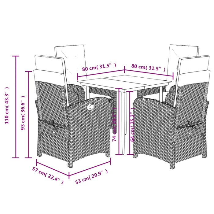 Set da Pranzo da Giardino 5 pz Nero con Cuscini in Polyrattan 3212291