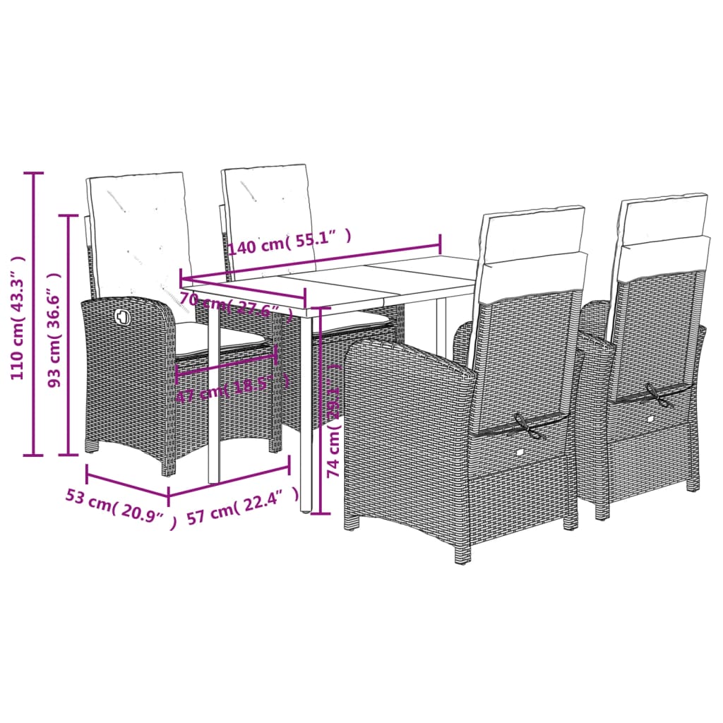 Set da Pranzo da Giardino 5 pz Nero con Cuscini in Polyrattan 3212303