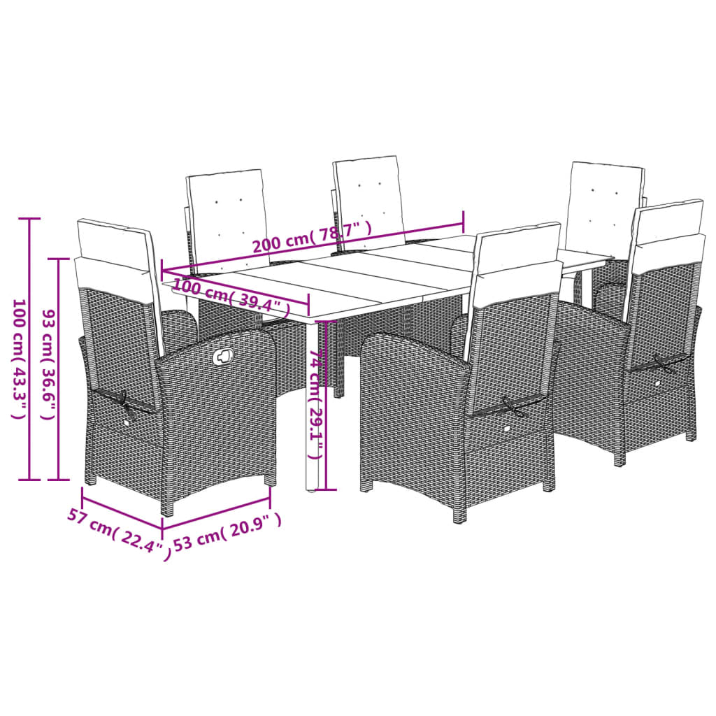 Set da Pranzo da Giardino 7 pz Nero con Cuscini in Polyrattan 3212307