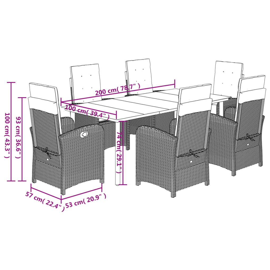 Set da Pranzo da Giardino 7 pz Nero con Cuscini in Polyrattan 3212327