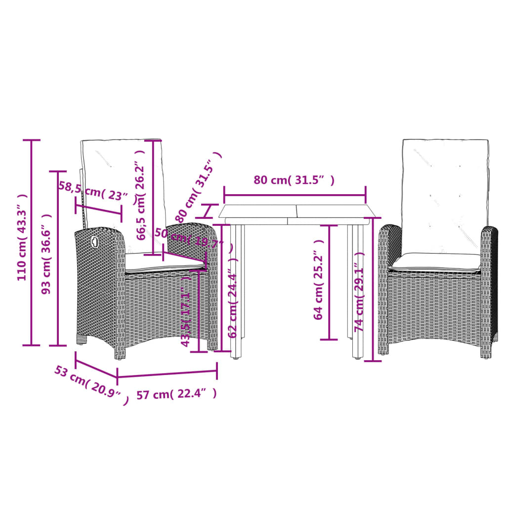 Set da Pranzo da Giardino 3pz con Cuscini in Polyrattan Marrone 3212340