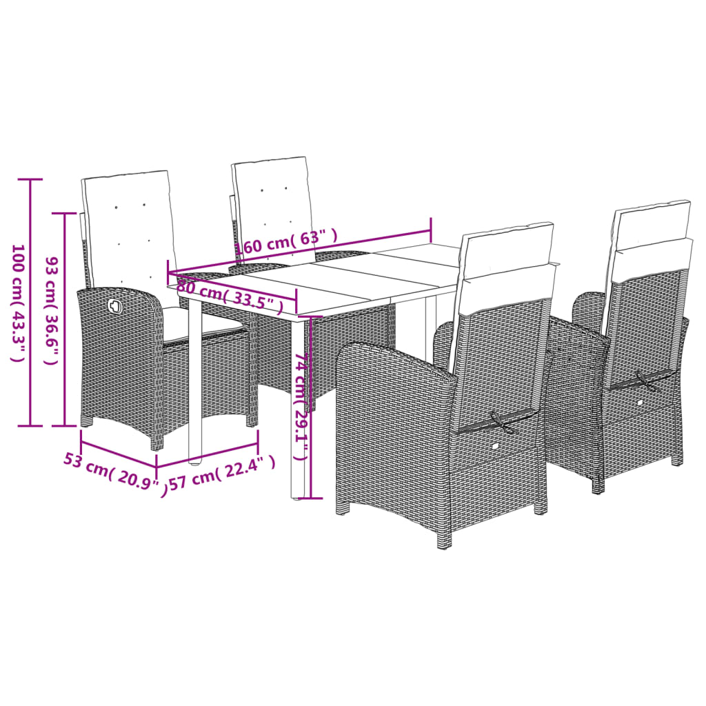 Set da Pranzo da Giardino 5pz con Cuscini in Polyrattan Marrone 3212344