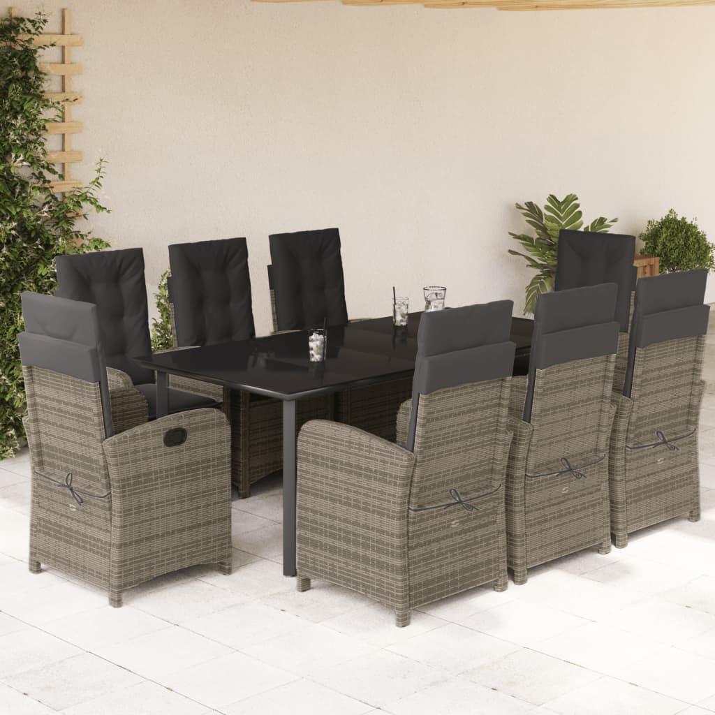 Set da Pranzo da Giardino 9 pz con Cuscini in Polyrattan Grigio 3212369