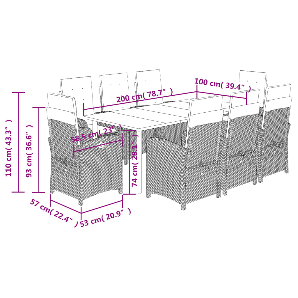 Set Pranzo da Giardino 9pz con Cuscini Grigio Chiaro Polyrattan 3212428