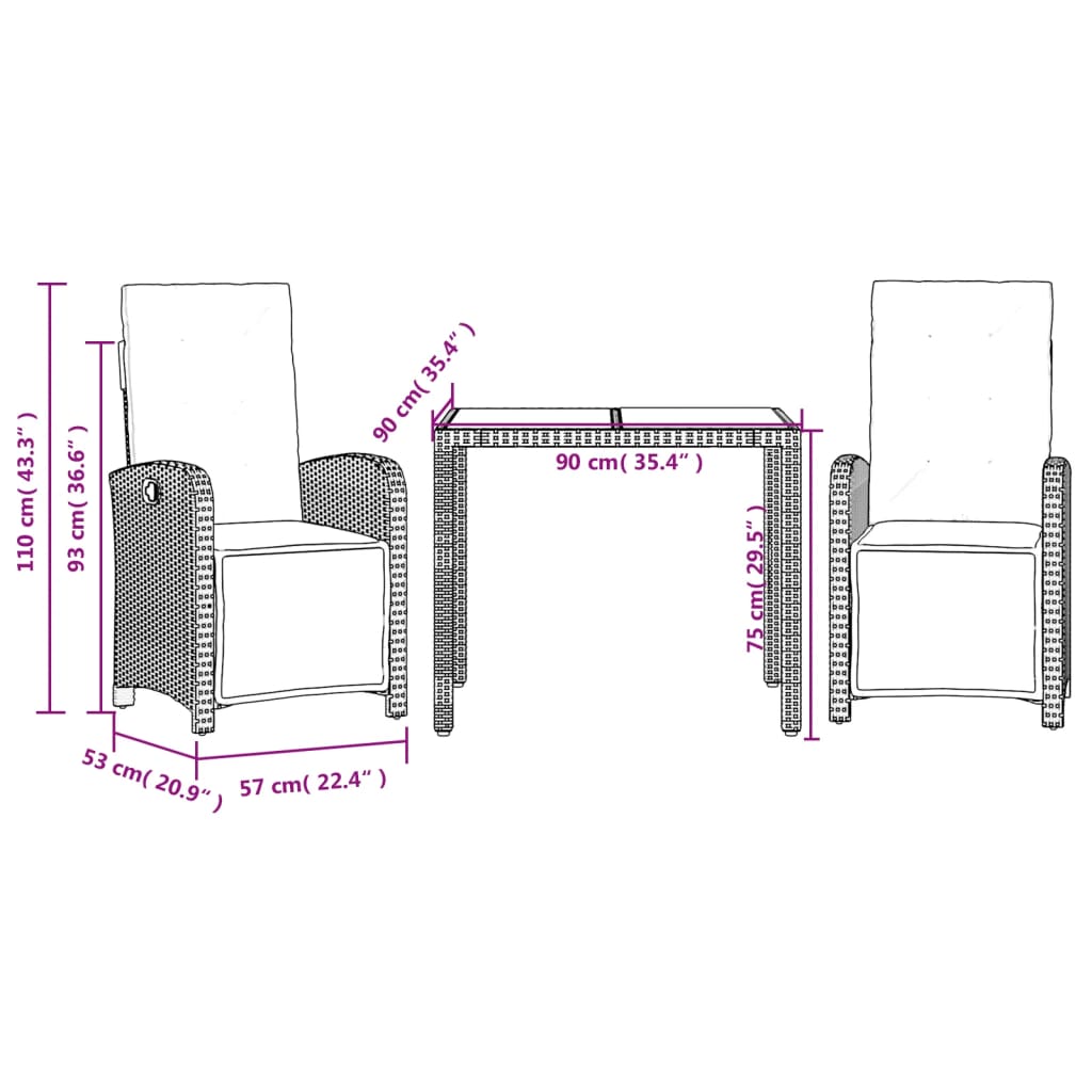 Set da Bistrò 3 pz con Cuscini Nero in Polyrattan 3212450