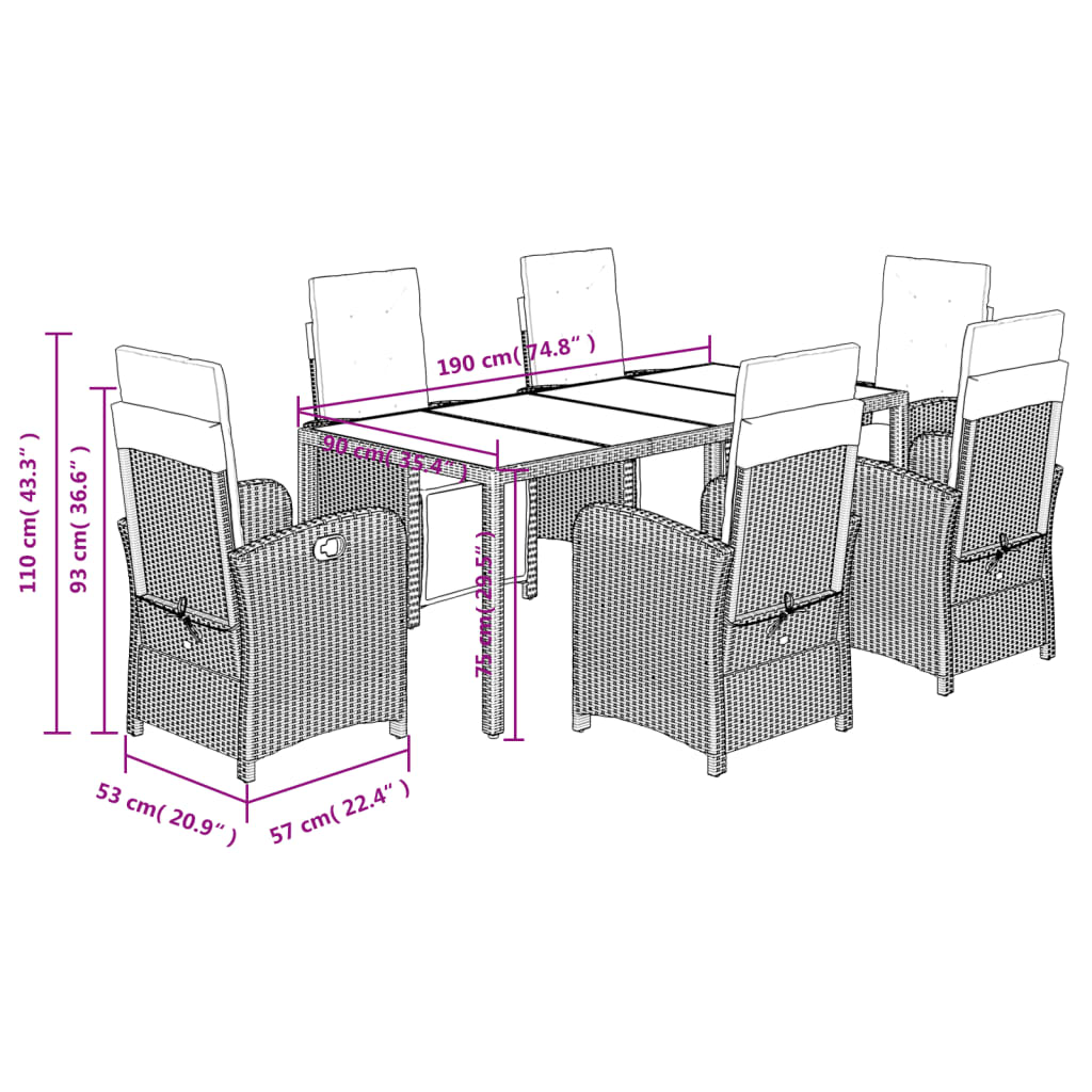 Set da Pranzo da Giardino 7 pz Nero con Cuscini in Polyrattan 3212454