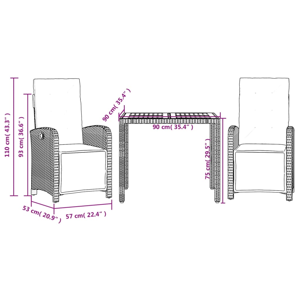 Set da Bistrò 3 pz con Cuscini Nero in Polyrattan 3212474