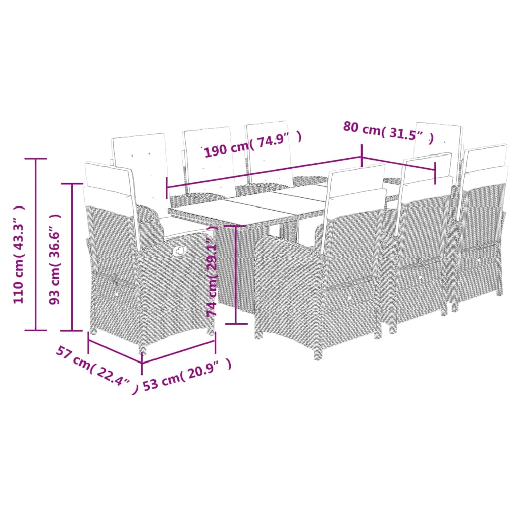 Set da Pranzo da Giardino 9 pz con Cuscini Nero in Polyrattan 3212487