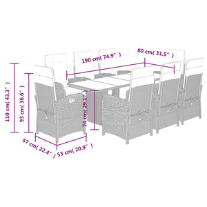 Set da Pranzo da Giardino 9 pz con Cuscini Nero in Polyrattan 3212487