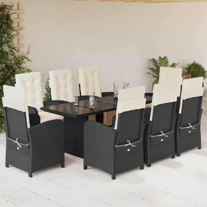 Set da Pranzo da Giardino 9 pz con Cuscini Nero in Polyrattan 3212487