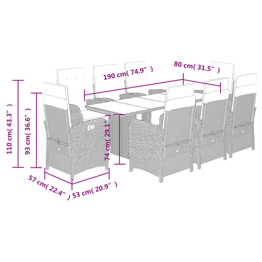 Set da Pranzo da Giardino 9 pz con Cuscini Nero in Polyrattan 3212489