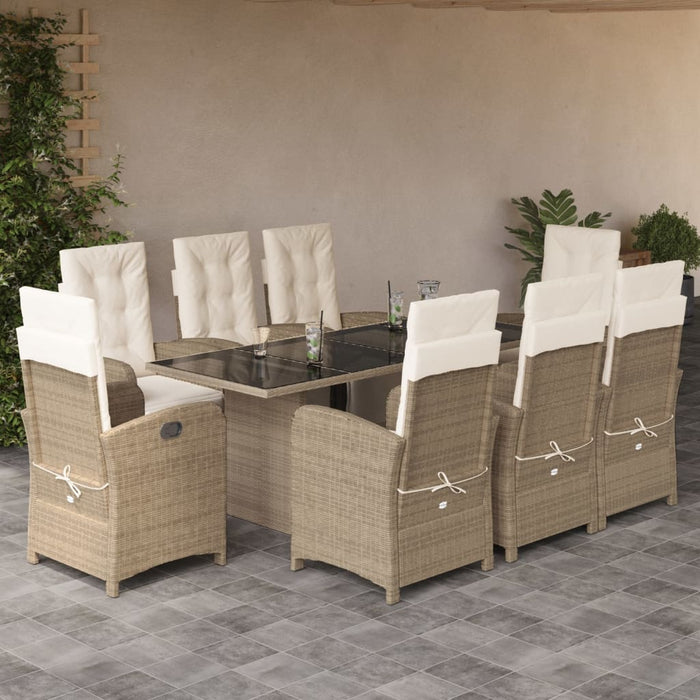 Set da Pranzo da Giardino 9 pz con Cuscini Beige in Polyrattan 3212495