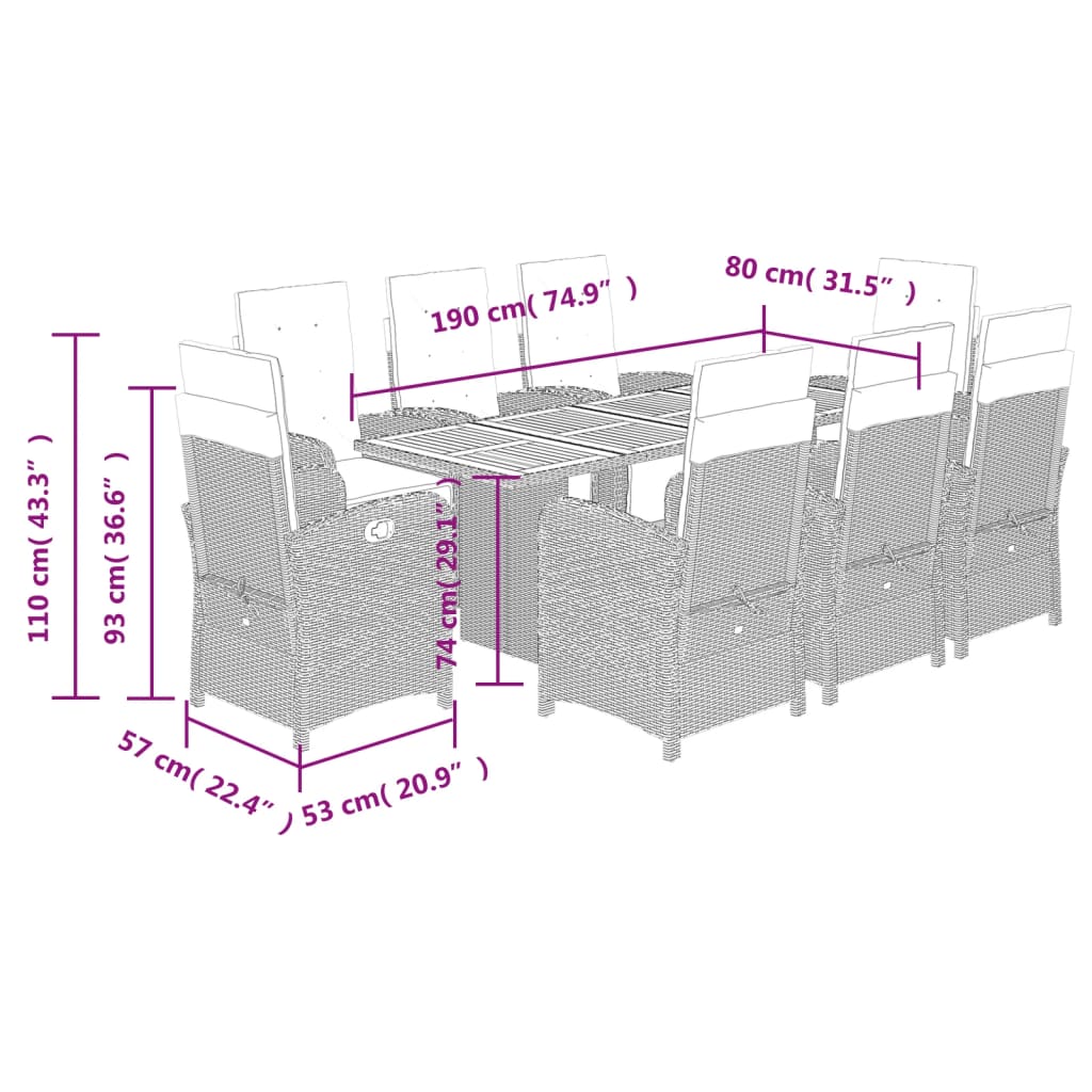 Set da Pranzo da Giardino 9 pz con Cuscini Nero in Polyrattan 3212505