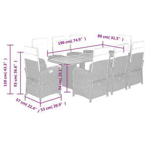 Set da Pranzo da Giardino 9 pz con Cuscini Nero in Polyrattan 3212505