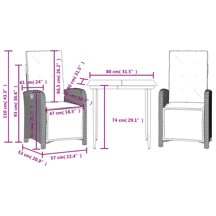 Set da Bistrò 3 pz con Cuscini Nero in Polyrattan 3212514