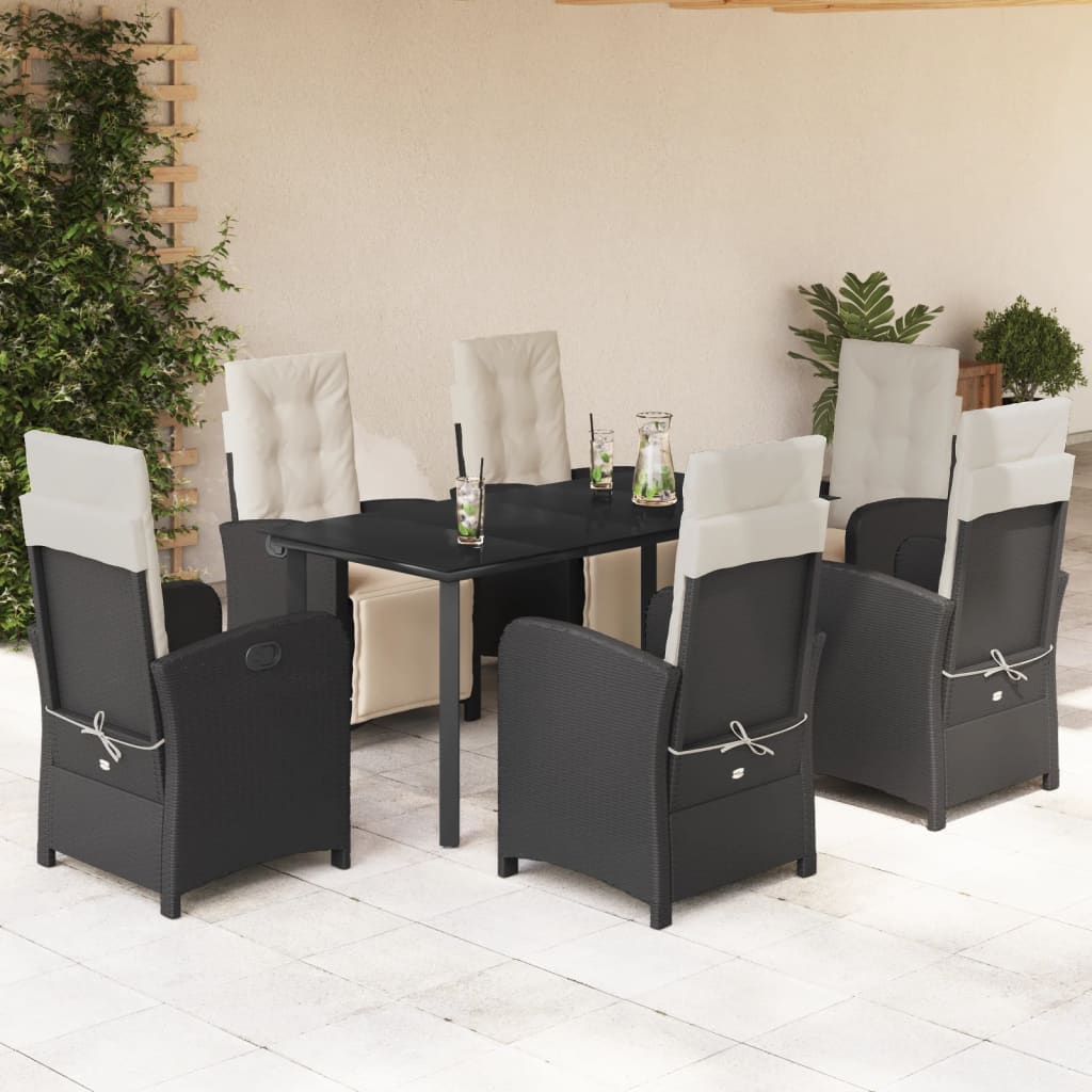 Set da Pranzo da Giardino 7 pz Nero con Cuscini in Polyrattan 3212525