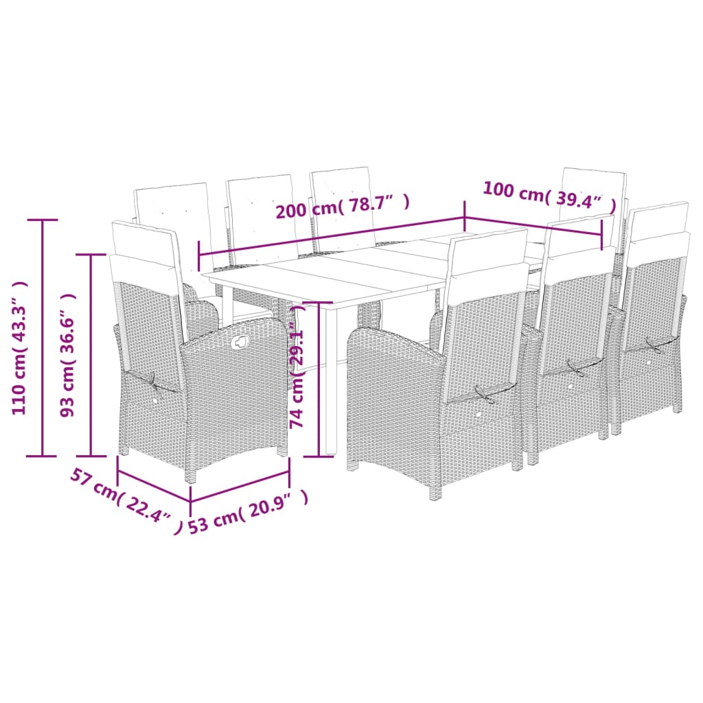 Set da Pranzo da Giardino 9 pz con Cuscini Nero in Polyrattan 3212527