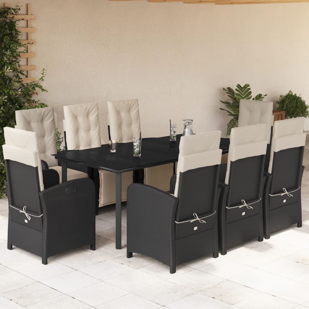 Set da Pranzo da Giardino 9 pz con Cuscini Nero in Polyrattan 3212527