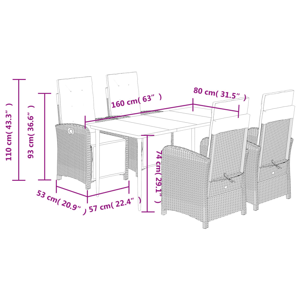 Set da Pranzo da Giardino 5 pz Nero con Cuscini in Polyrattan 3212531