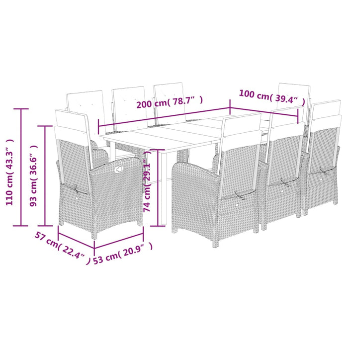 Set da Pranzo da Giardino 9 pz con Cuscini Nero in Polyrattan 3212541