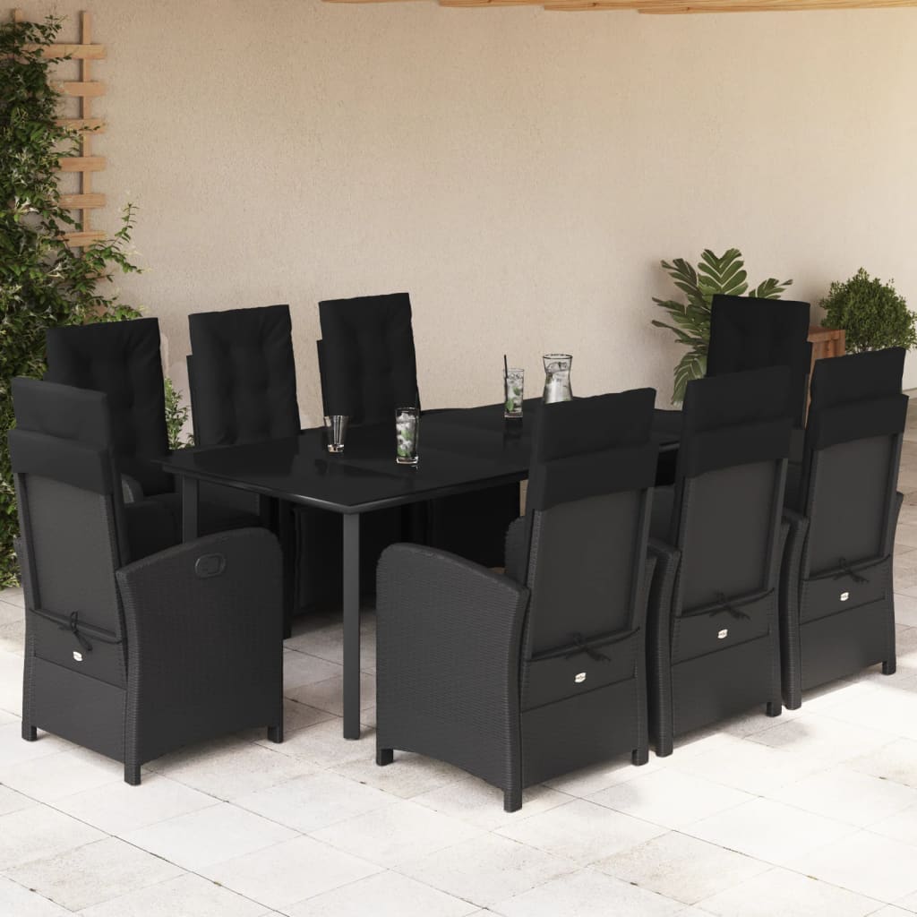 Set da Pranzo da Giardino 9 pz con Cuscini Nero in Polyrattan 3212541