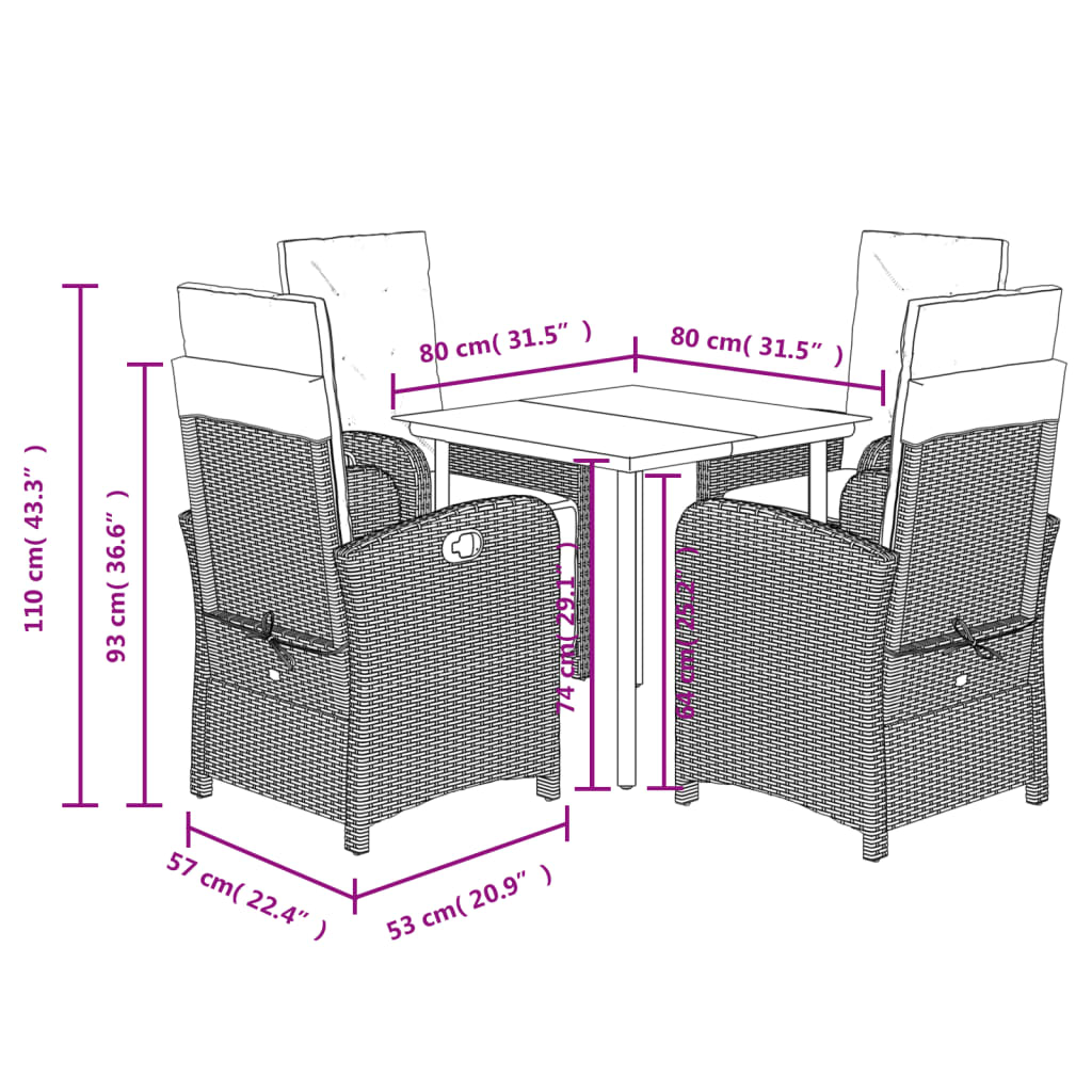 Set da Pranzo da Giardino 5pz con Cuscini in Polyrattan Marrone 3212550