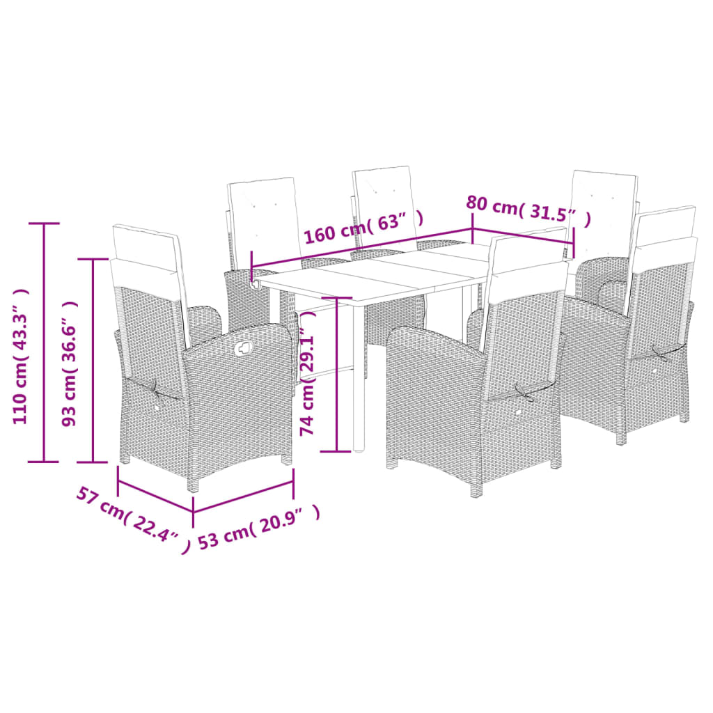 Set da Pranzo da Giardino 7 pz con Cuscini Beige in Polyrattan 3212595