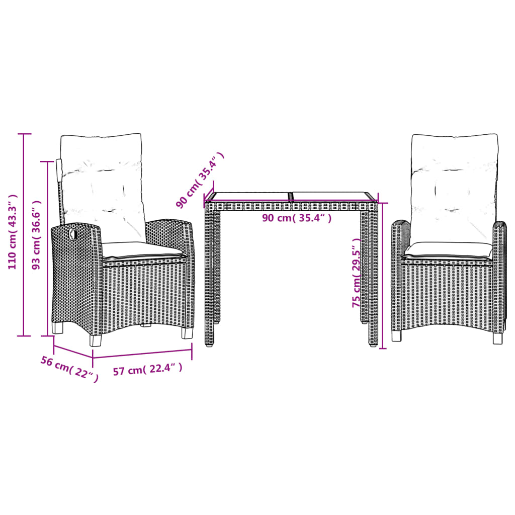 Set da Pranzo da Giardino 3 pz con Cuscini Nero in Polyrattan 3212626