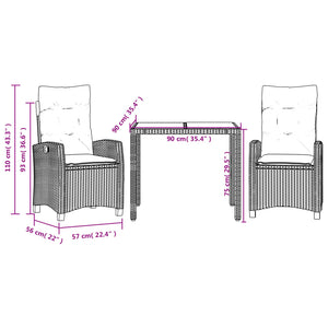 Set da Pranzo da Giardino 3 pz con Cuscini Nero in Polyrattan 3212626