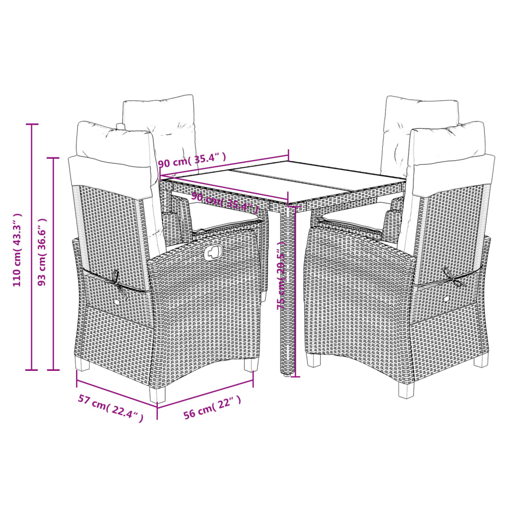 Set da Pranzo da Giardino 5 pz Nero con Cuscini in Polyrattan 3212636