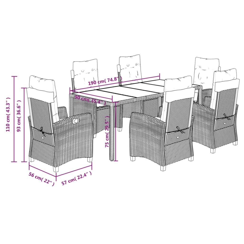 Set da Pranzo da Giardino 7 pz Nero con Cuscini in Polyrattan 3212641