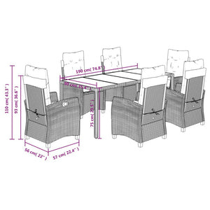 Set da Pranzo da Giardino 7 pz Nero con Cuscini in Polyrattan 3212641