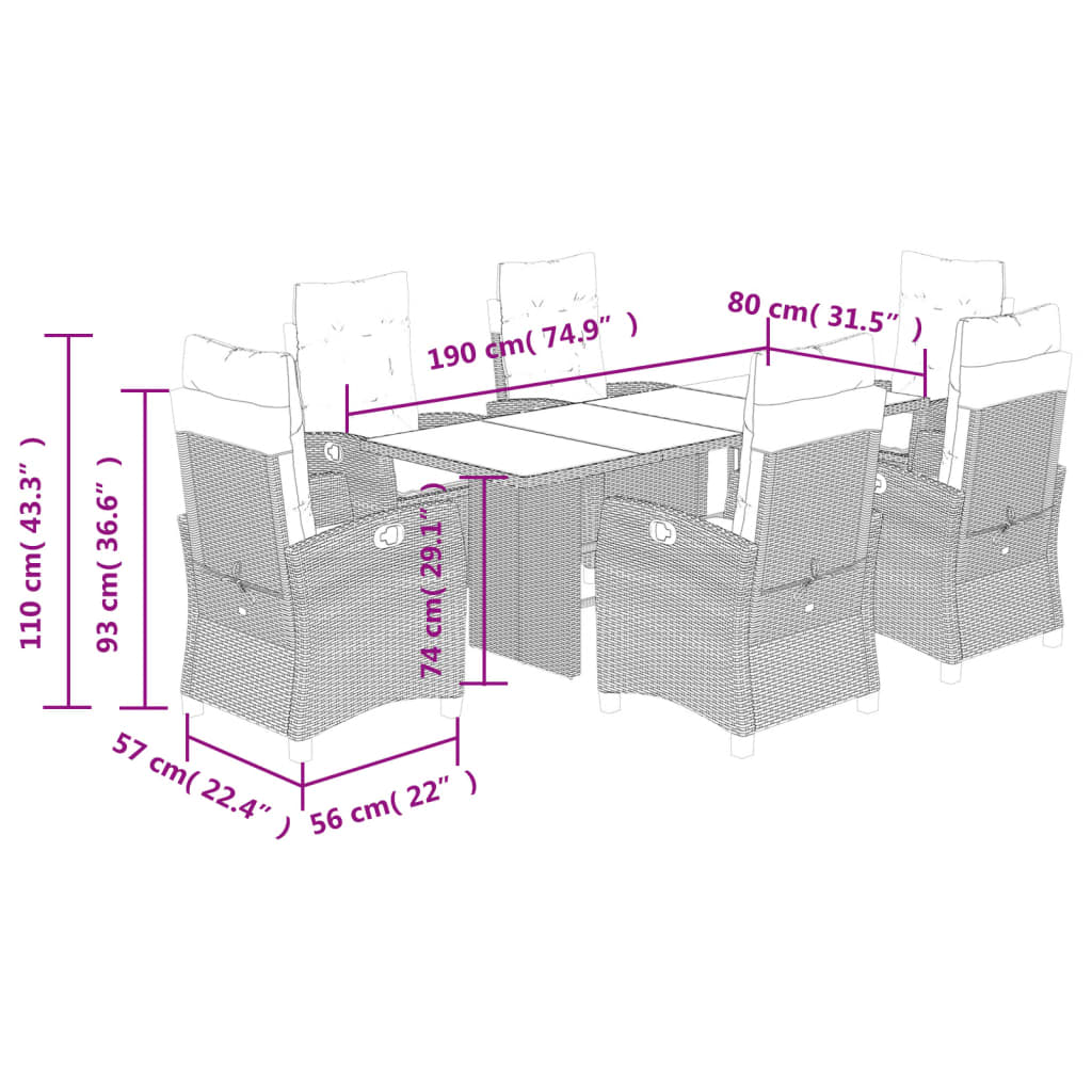 Set da Pranzo da Giardino 7 pz Nero con Cuscini in Polyrattan 3212680