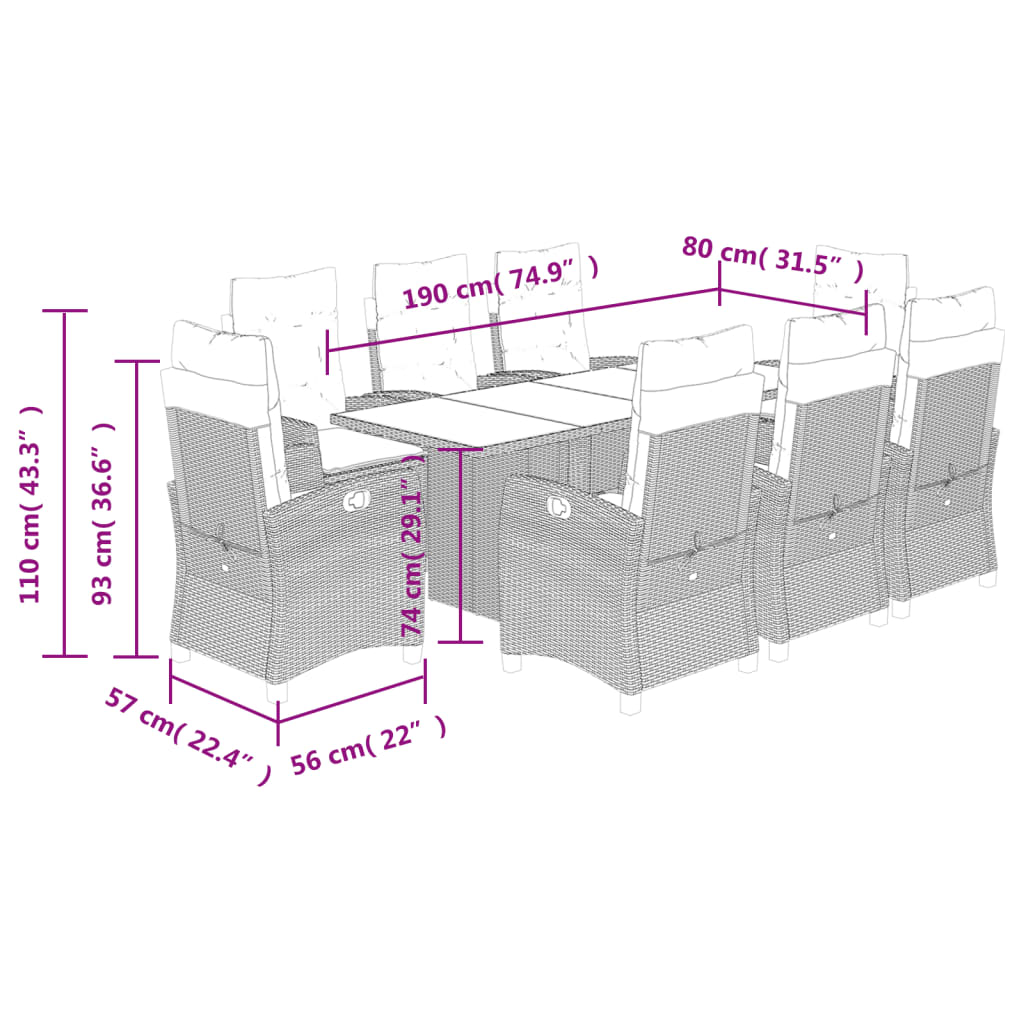 Set da Pranzo da Giardino 9pz con Cuscini Marrone in Polyrattan 3212687