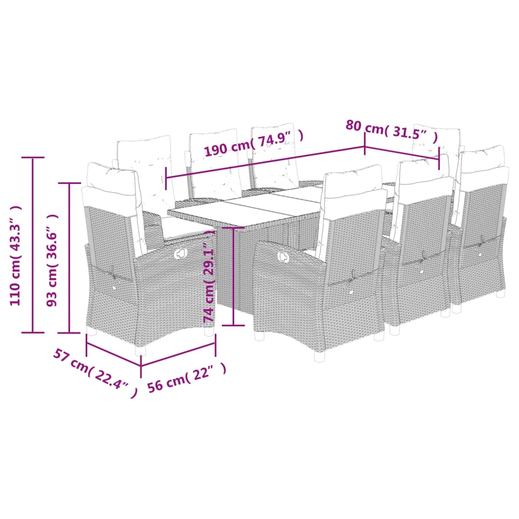 Set da Pranzo da Giardino 9 pz con Cuscini in Polyrattan Grigio 3212690